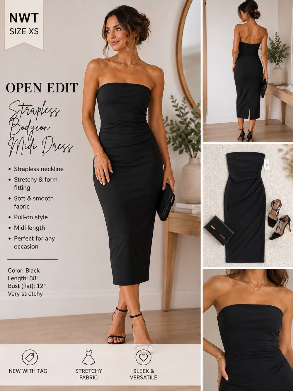Open Edit Strapless Bodycon Midi Dress
NWT | Size XS | Black